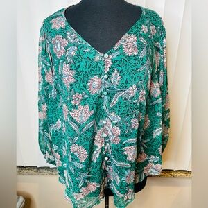 Torrid Chiffon Green Lurex Floral Button-Up Blouse Size 00/Size 10-12
